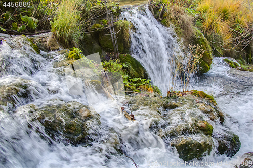 Image of Waterfall stream flowing in the Plitvice lakes in Croatia