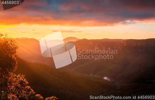 Image of Sun rays into Grose Valley Blue Mountains just after sunrise