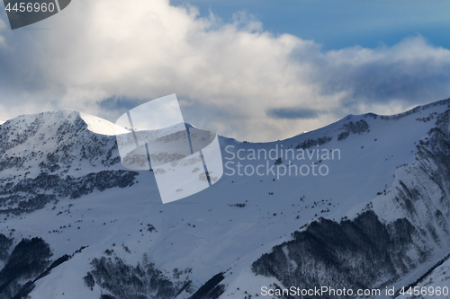 Image of View on off-piste slope with forest and sunlight sky with clouds