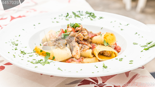 Image of Italian Paccheri pasta  with Swordfish