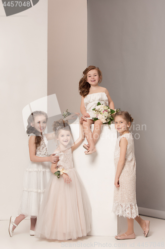 Image of Little pretty girls with flowers dressed in wedding dresses