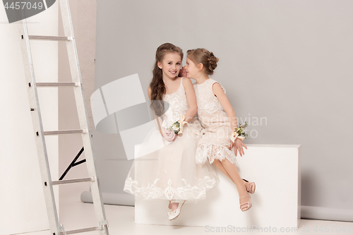 Image of Little pretty girls with flowers dressed in wedding dresses