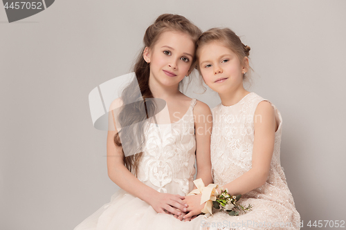 Image of Little pretty girls with flowers dressed in wedding dresses