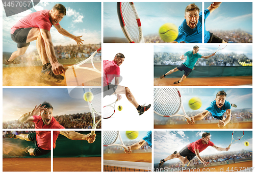 Image of The one jumping player, caucasian fit man, playing tennis on the earthen court with spectators