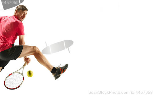 Image of one caucasian man playing tennis player isolated on white background