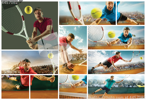 Image of The one jumping player, caucasian fit man, playing tennis on the earthen court with spectators