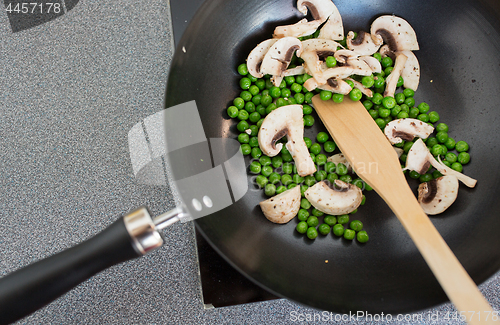 Image of close up of food in frypan on cooking panel