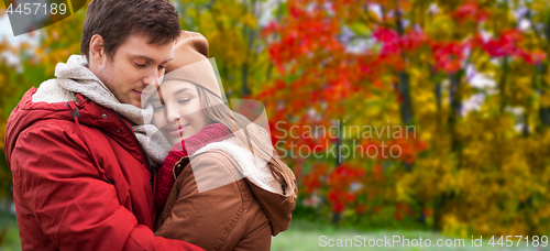 Image of happy teenage couple hugging in autumn park