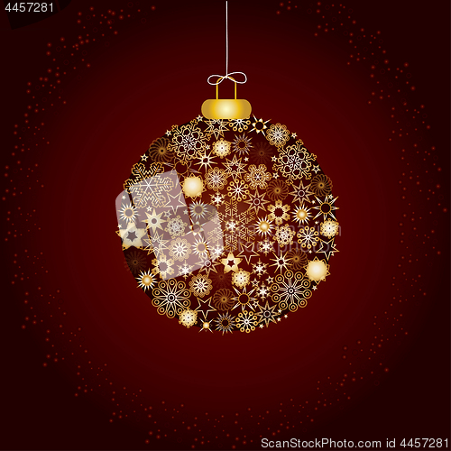 Image of Christmas greetings card with Christmas ball made with gold snowflakes on brown background