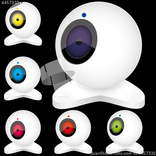 Image of Set of white webcams with bright lights in different positions, isolated on black, part 5
