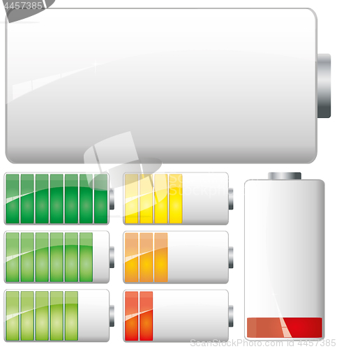 Image of Set of White Batteries charge showing stages of power running low and full