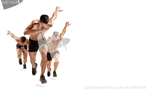 Image of one caucasian man runner jogger running jogging isolated on white background with shadows