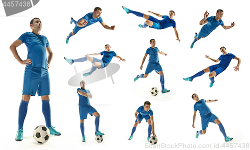 Image of Professional football soccer player with ball isolated white background