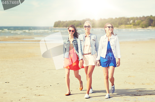 Image of group of smiling young female friends on beach