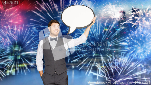 Image of man in suit with blank text bubble over firework
