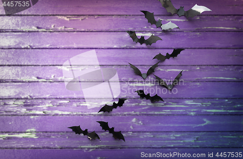 Image of black bats over ultra violet shabby boards