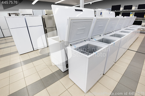 Image of rows of freezers and refrigerators in appliance store