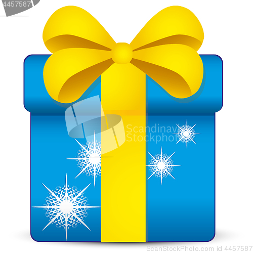 Image of Blue gift box with snowflakes and yellow ribbon