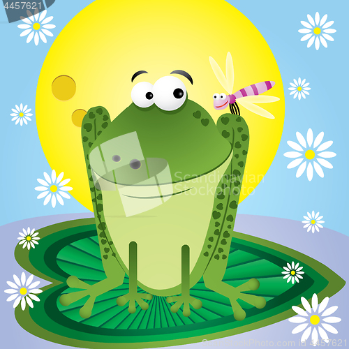 Image of Fun cartoon frog  with dragonfly and camomile for greetings card