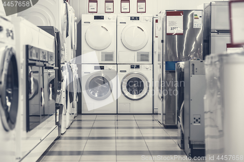 Image of washing mashines in appliance store