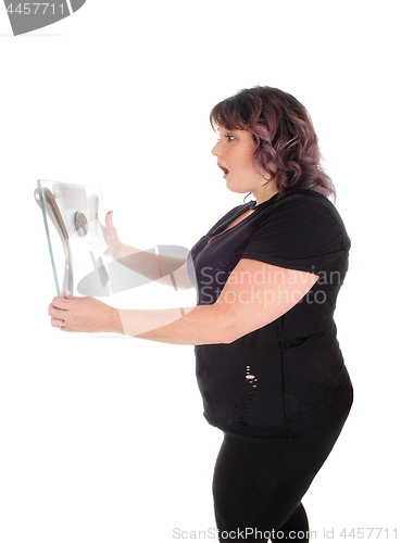 Image of Woman shocked looking at scale