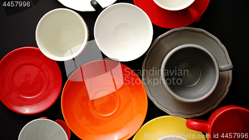 Image of Empty colorful modern ceramic plates and cups collection