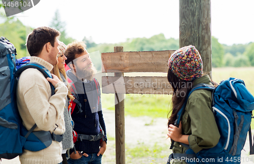 Image of hiking friends with backpacks at signpost