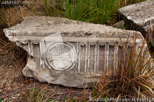 Image of Marble plate with old christian symbols in ancient city Hierapolis