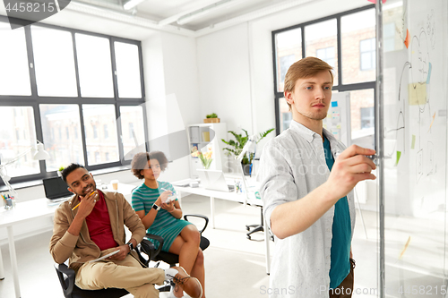 Image of man drawing scheme for creative team at office