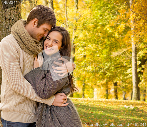 Image of smiling couple hugging in autumn park