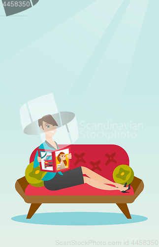 Image of Woman reading magazine on sofa vector illustration