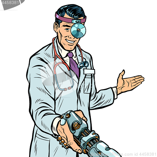 Image of doctor surgeon handshake. robot prosthesis