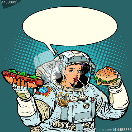 Image of Pop art. Woman astronaut eats. Cola, hot dog and Burger fast foo
