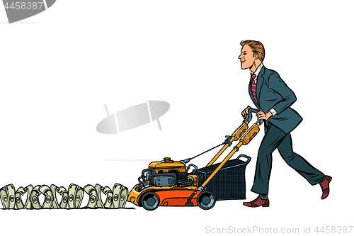 Image of Businessman cuts money like a lawnmower man. Isolate on white ba