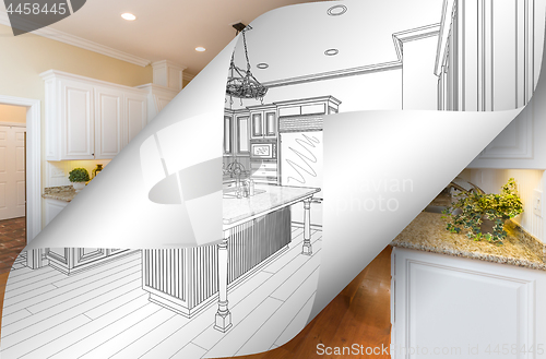 Image of Kitchen Drawing Page Corners Flipping with Photo Behind