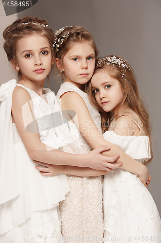 Image of Little pretty girls with flowers dressed in wedding dresses