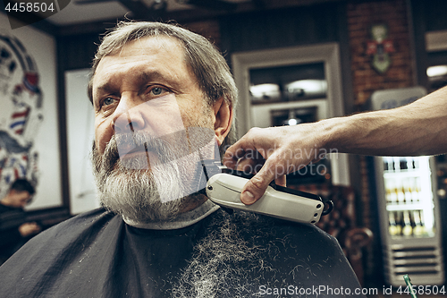 Image of Close-up side view portrait of handsome senior bearded caucasian man getting beard grooming in modern barbershop.