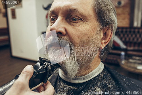 Image of Close-up side view portrait of handsome senior bearded caucasian man getting beard grooming in modern barbershop.