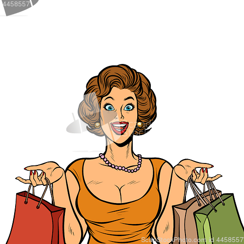 Image of woman shopping on sale. Isolate on white background