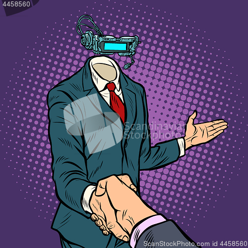 Image of businessman shaking hands in virtual reality, a template without