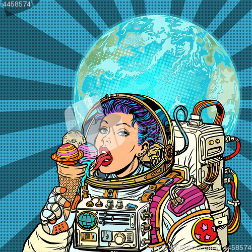Image of Woman astronaut eats planets of the solar system, like ice cream