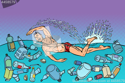 Image of swimmer at sea. ocean pollution. ecology and plastic waste