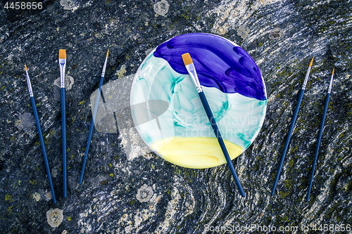 Image of Painted ceramic plate and paintbrushes on mossy stone background