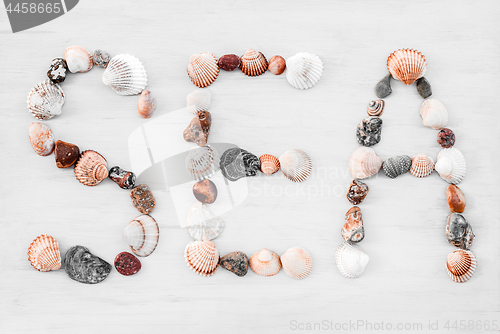 Image of SEA written with seashells on white wooden surface