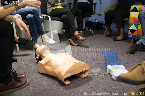 Image of CPR course using automated external defibrillator device, AED.