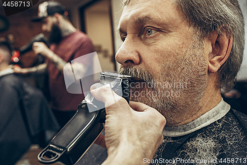 Image of Close-up side view portrait of handsome senior bearded caucasian man getting beard grooming in modern barbershop.