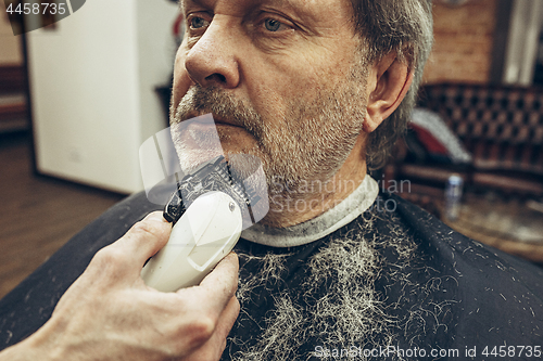 Image of Close-up side view portrait of handsome senior bearded caucasian man getting beard grooming in modern barbershop.