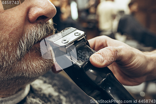 Image of Close-up side view portrait of handsome senior bearded caucasian man getting beard grooming in modern barbershop.