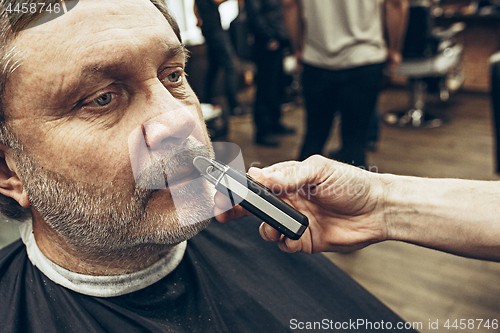 Image of Close-up side view portrait of handsome senior bearded caucasian man getting beard grooming in modern barbershop.