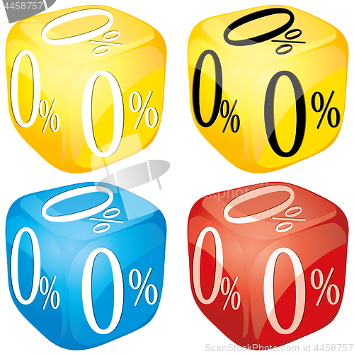 Image of Four dices with 0 percent on side different colored, glossy loan icons, yellow, blue and red